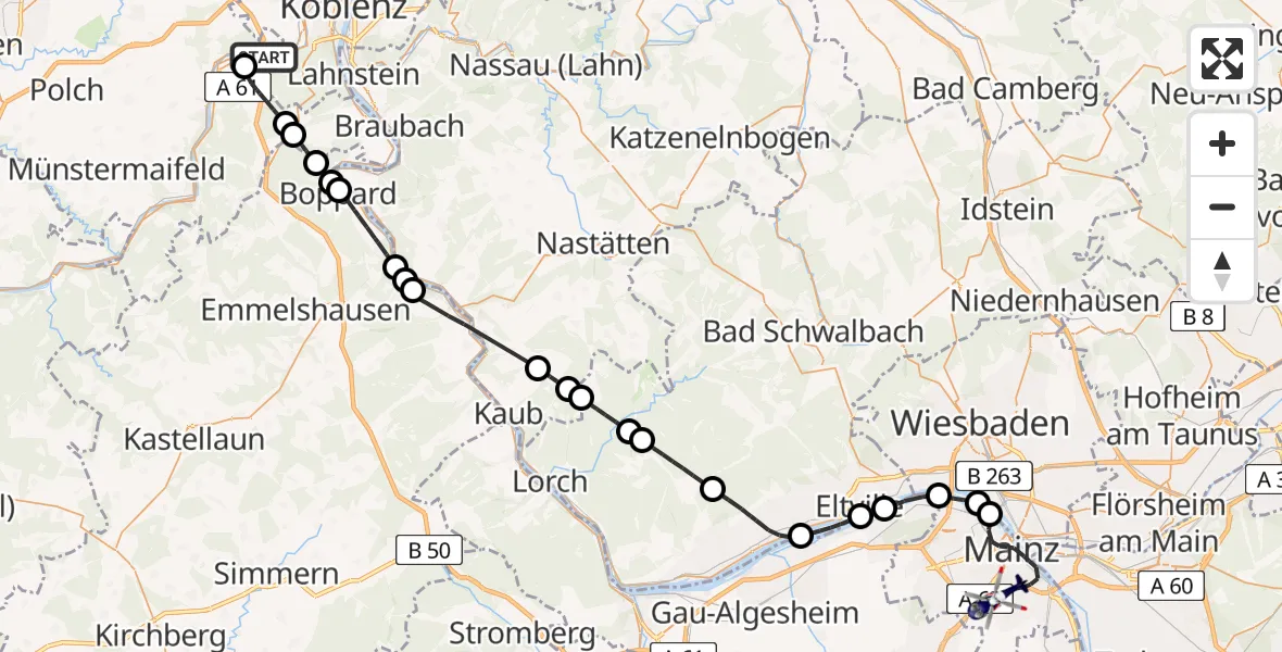 Flugroute Polizeihubschrauber Winningen - Mainz, 31 Juli 2026, 07:24