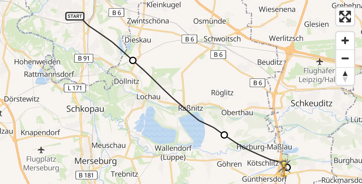 Flugroute Rettungshubschrauber Halle (Saale) - ADAC Air Rescue Station Leipzig/Schkeuditz-Dölzig Hubschrauberlandeplatz (Christoph 61), 31 Juli 2026, 07:25