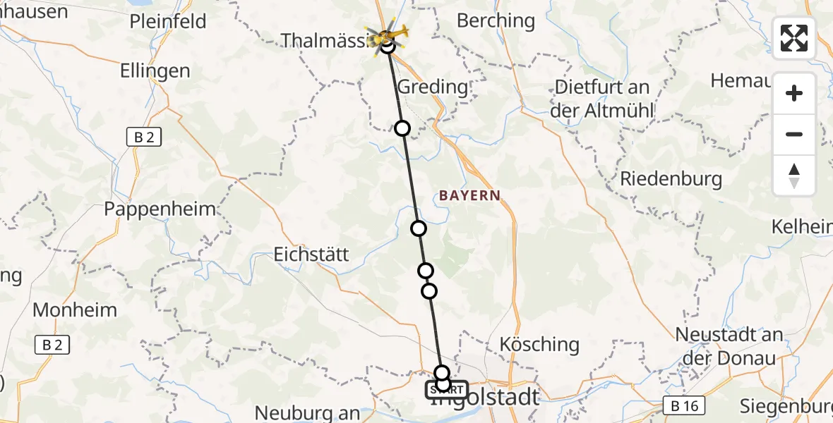 Flugroute Rettungshubschrauber Ingolstadt Hospital - Greding, 31 Juli 2026, 07:27