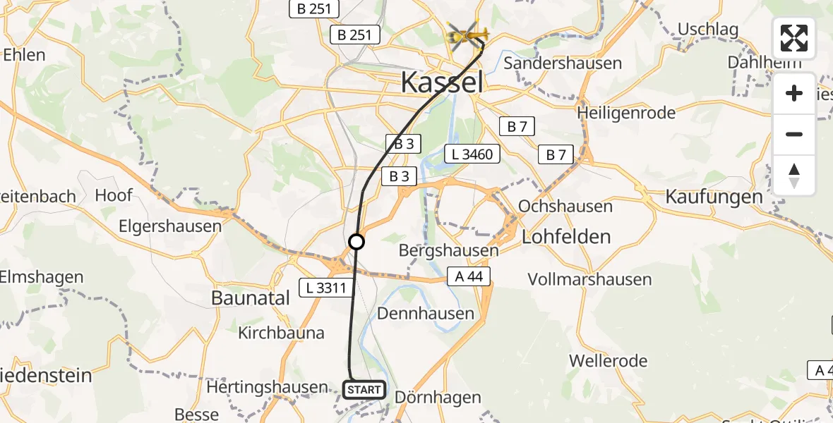 Flugroute Rettungshubschrauber Baunatal - Kassel, 31 Juli 2026, 07:36