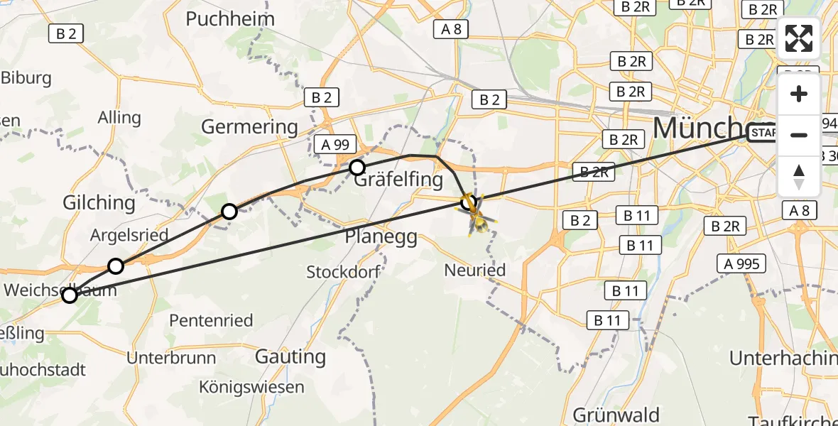 Flugroute Rettungshubschrauber Rechts der Isar University Hospital - DRF Air Rescue München Hubschrauberlandeplatz, 31 Juli 2026, 07:39