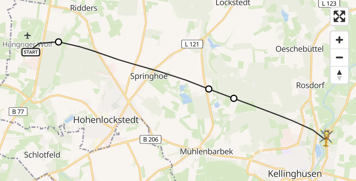 Flugroute Rettungshubschrauber Itzehoe Hungriger Wolf Flugplatz - Kellinghusen, 31 Juli 2026, 07:42