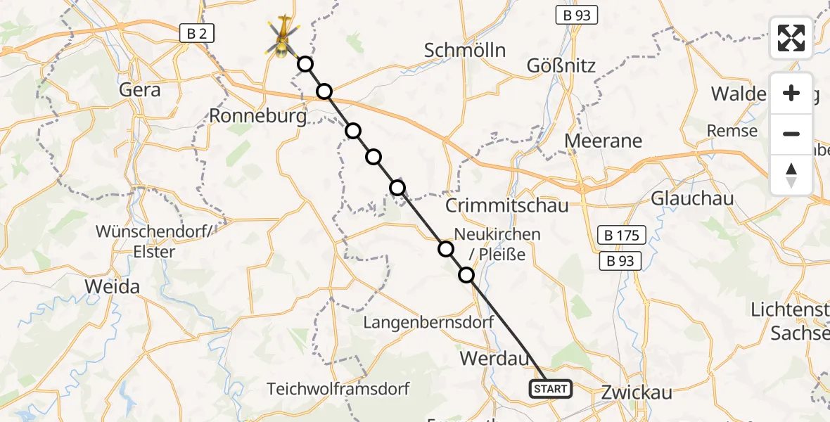 Flugroute Rettungshubschrauber Werdau - Großenstein, 31 Juli 2026, 07:42