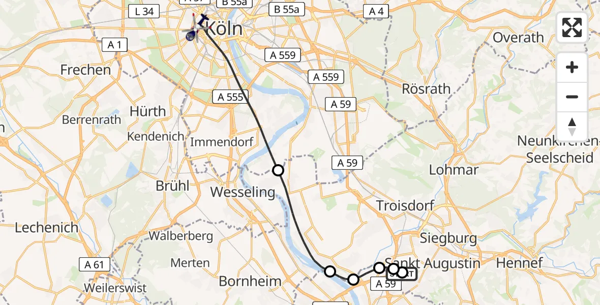 Flugroute Polizeihubschrauber Sankt Augustin - Köln, 31 Juli 2026, 07:46
