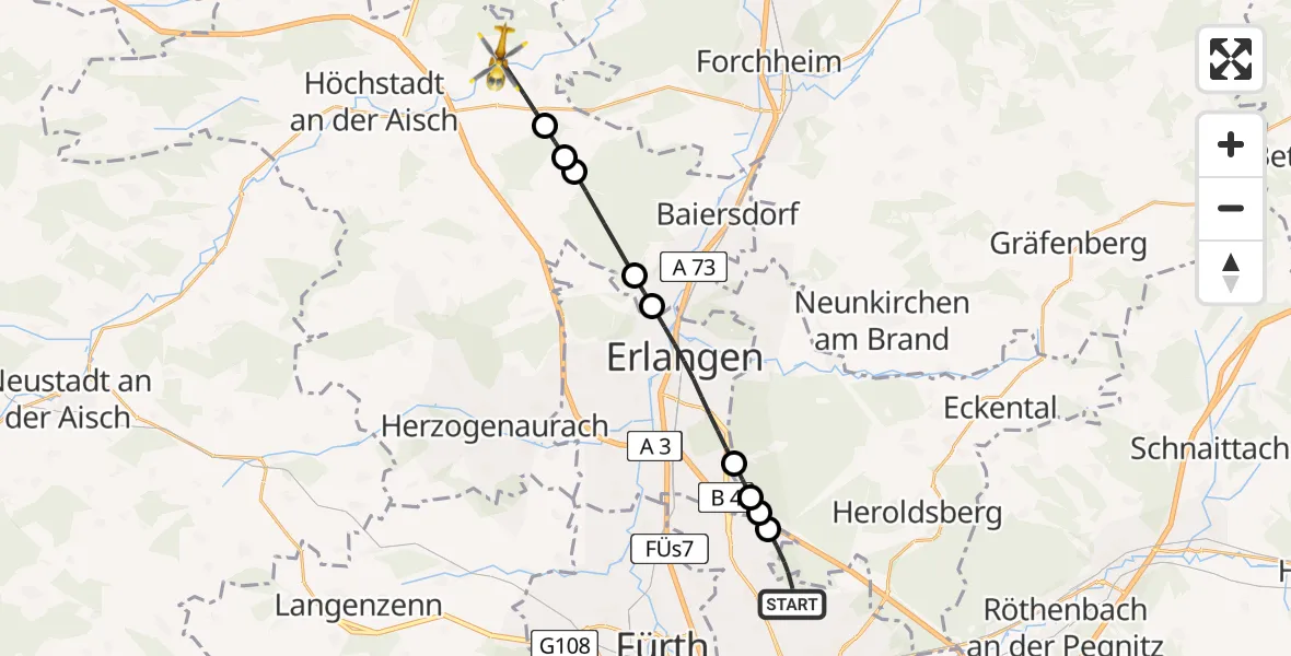 Flugroute Ambulanzhubschrauber Flughafen Nuremberg - Adelsdorf, 31 Juli 2026, 07:52