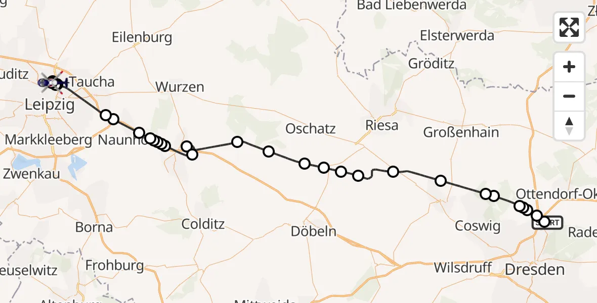 Flugroute Polizeihubschrauber Dresden Bundespolizei Hubschrauberlandeplatz - Leipzig Polizeiakademie Hubschrauberlandeplatz, 31 Juli 2026, 07:53