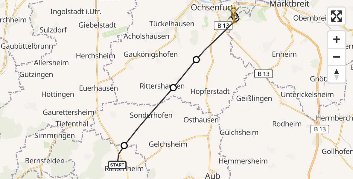 Flugroute Rettungshubschrauber Riedenheim - Ochsenfurt Hospital, 31 Juli 2026, 07:56