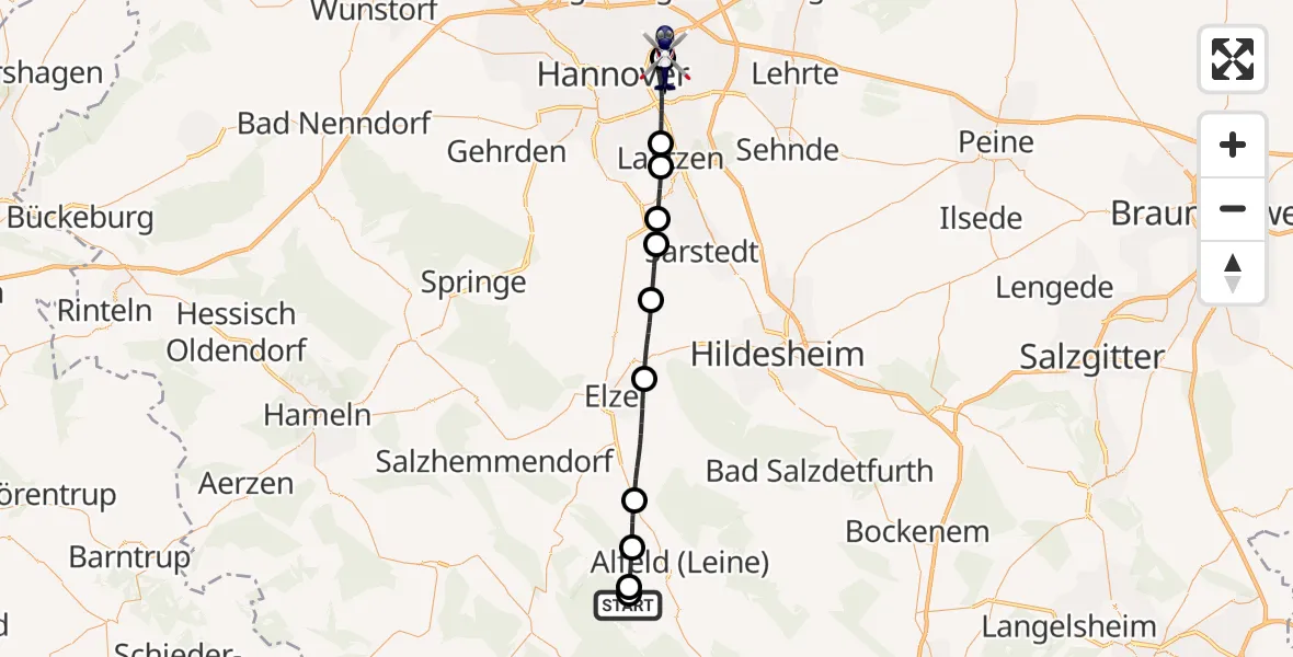 Flugroute Polizeihubschrauber Delligsen - Hannover Luftrettung Hubschrauberlandeplatz (Christoph 4), 31 Juli 2026, 07:56