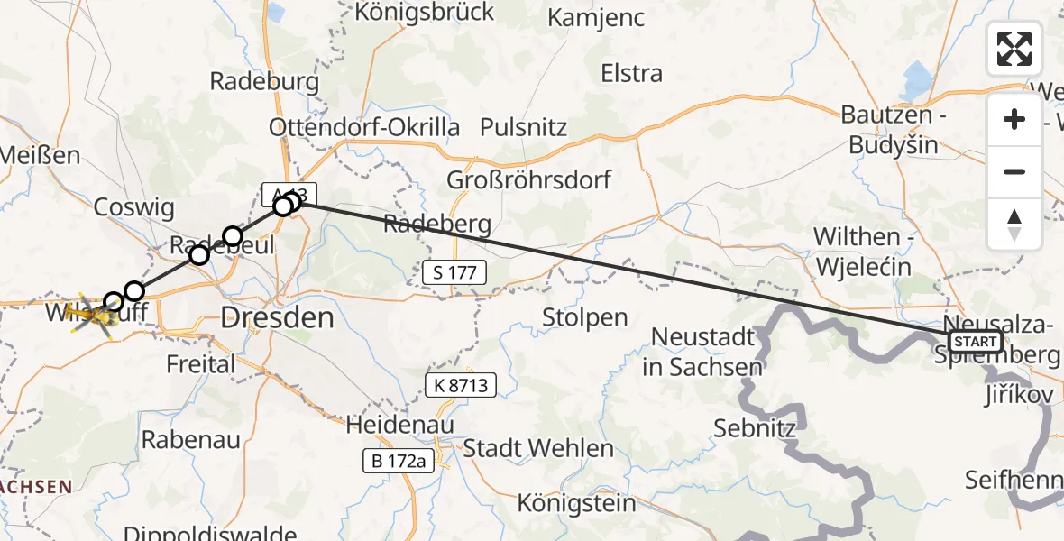 Flugroute Rettungshubschrauber Neusalza-Spremberg - Wilsdruff, 31 Juli 2026, 07:58