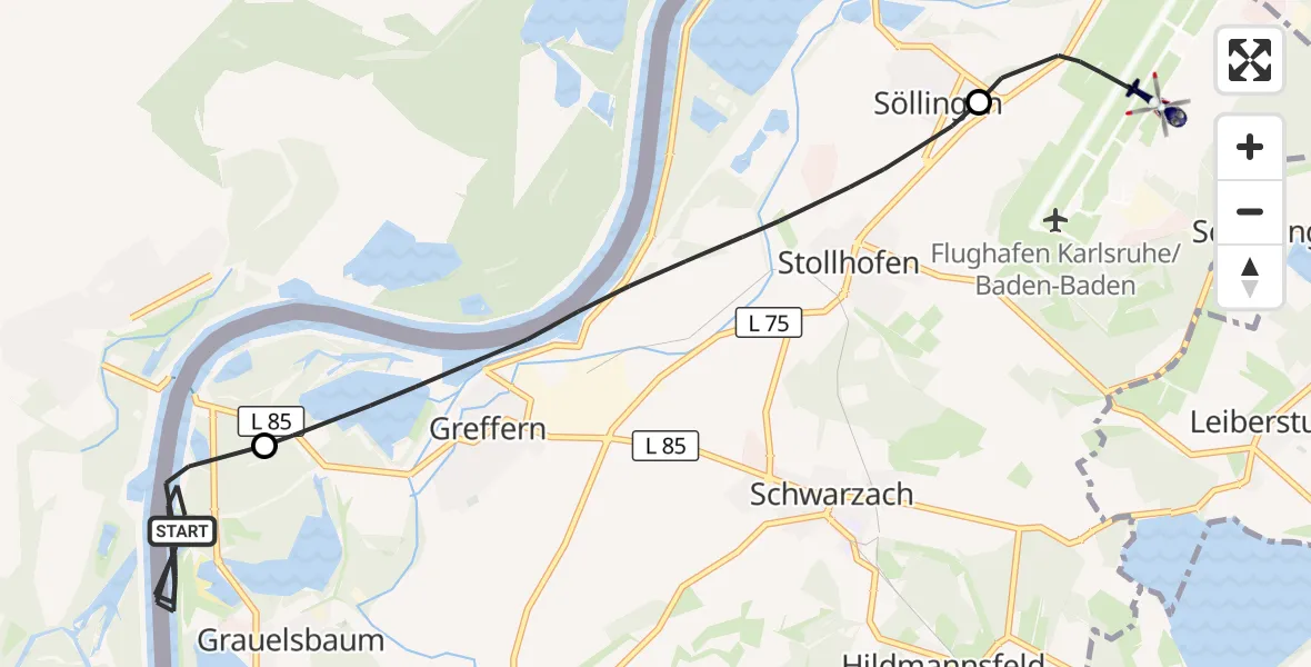Flugroute Polizeihubschrauber Lichtenau - Karlsruhe Baden-Baden Flughafen, 31 Juli 2026, 08:00