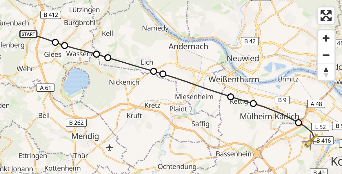 Flugroute Rettungshubschrauber Niederzissen - Koblenz, 31 Juli 2026, 08:02
