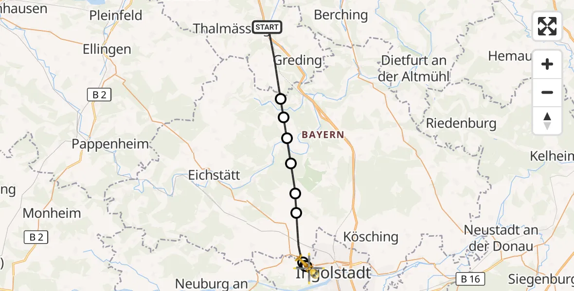 Flugroute Rettungshubschrauber Greding - Ingolstadt Hospital, 31 Juli 2026, 08:03