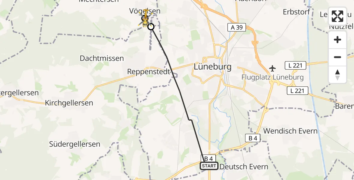 Flugroute Rettungshubschrauber Lüneburg - Vögelsen, 31 Juli 2026, 08:05
