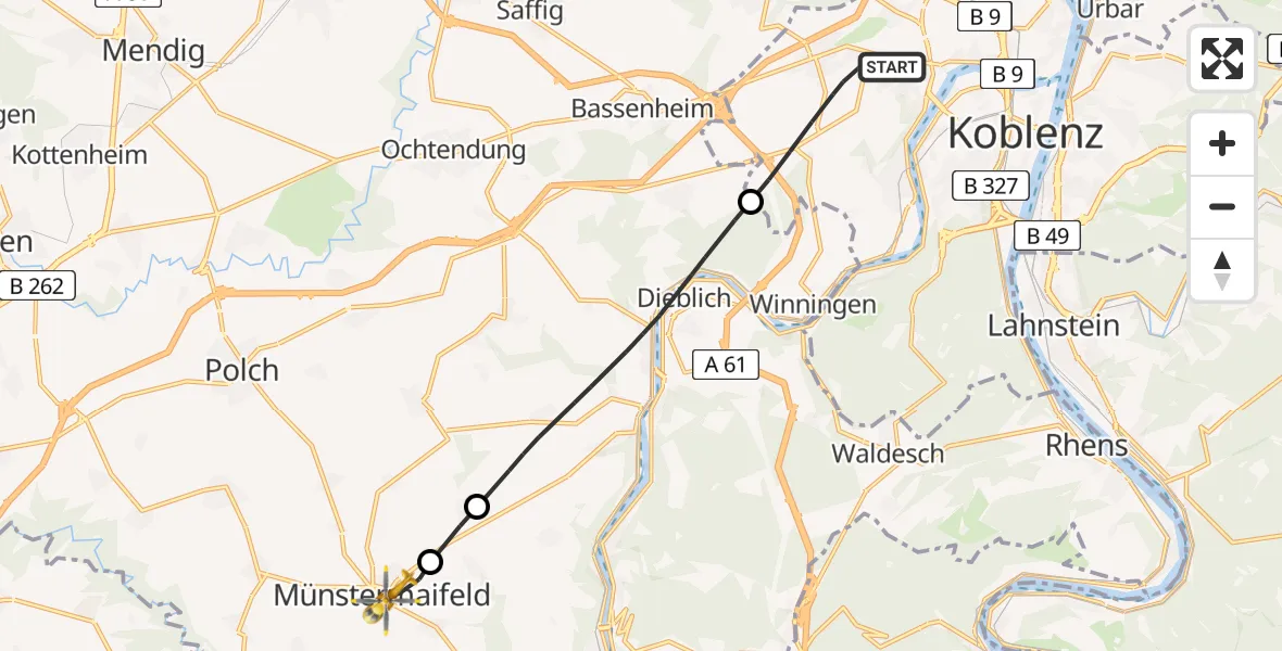 Flugroute Rettungshubschrauber Koblenz - Münstermaifeld, 31 Juli 2026, 08:17