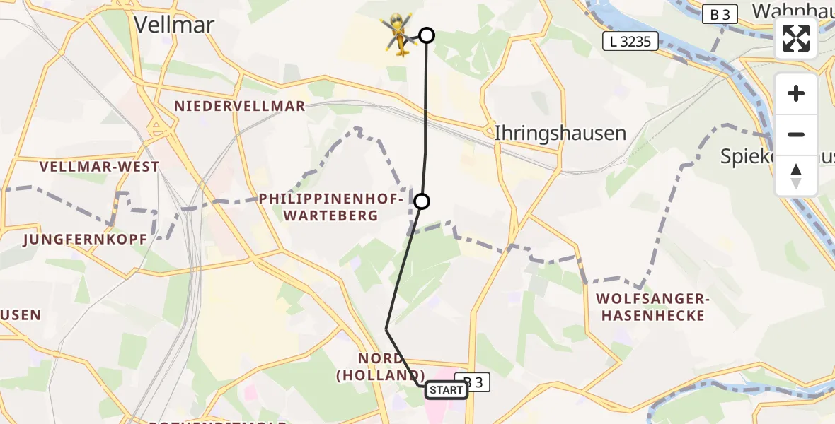 Flugroute Rettungshubschrauber Kassel - Fuldatal Bundespolizei Hubschrauberlandeplatz, 31 Juli 2026, 08:21