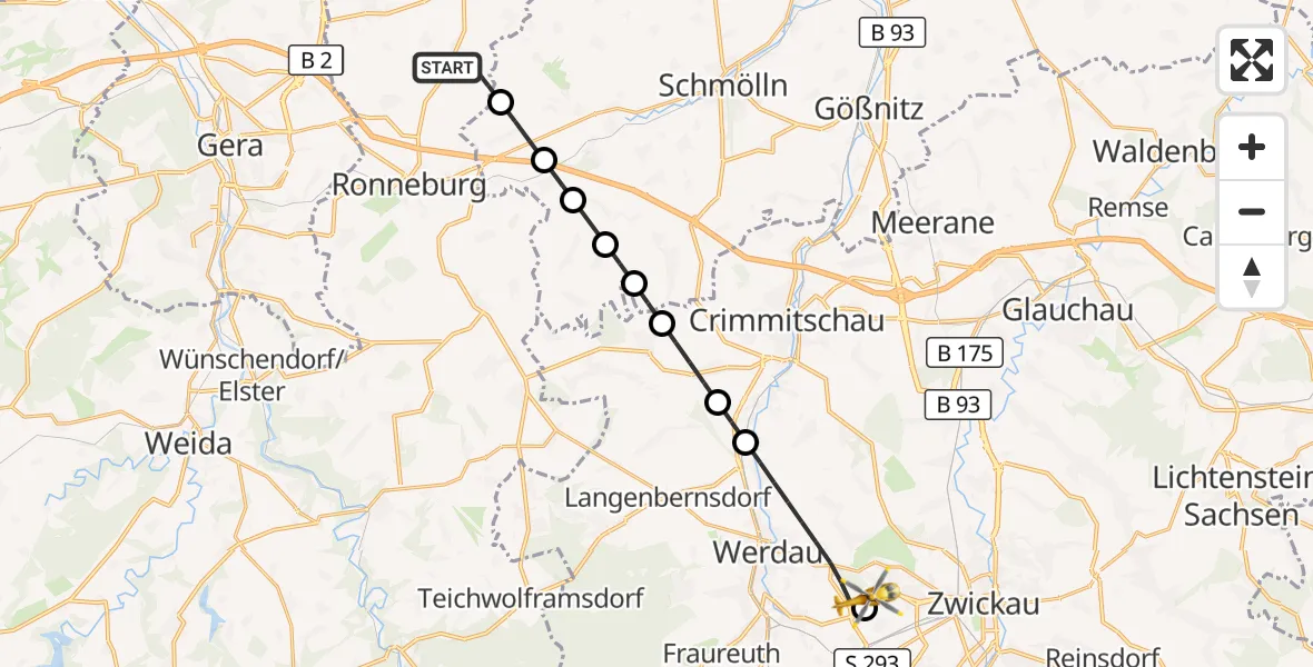 Flugroute Rettungshubschrauber Großenstein - ADAC Air Rescue Station Zwickau Hubschrauberlandeplatz, 31 Juli 2026, 08:23