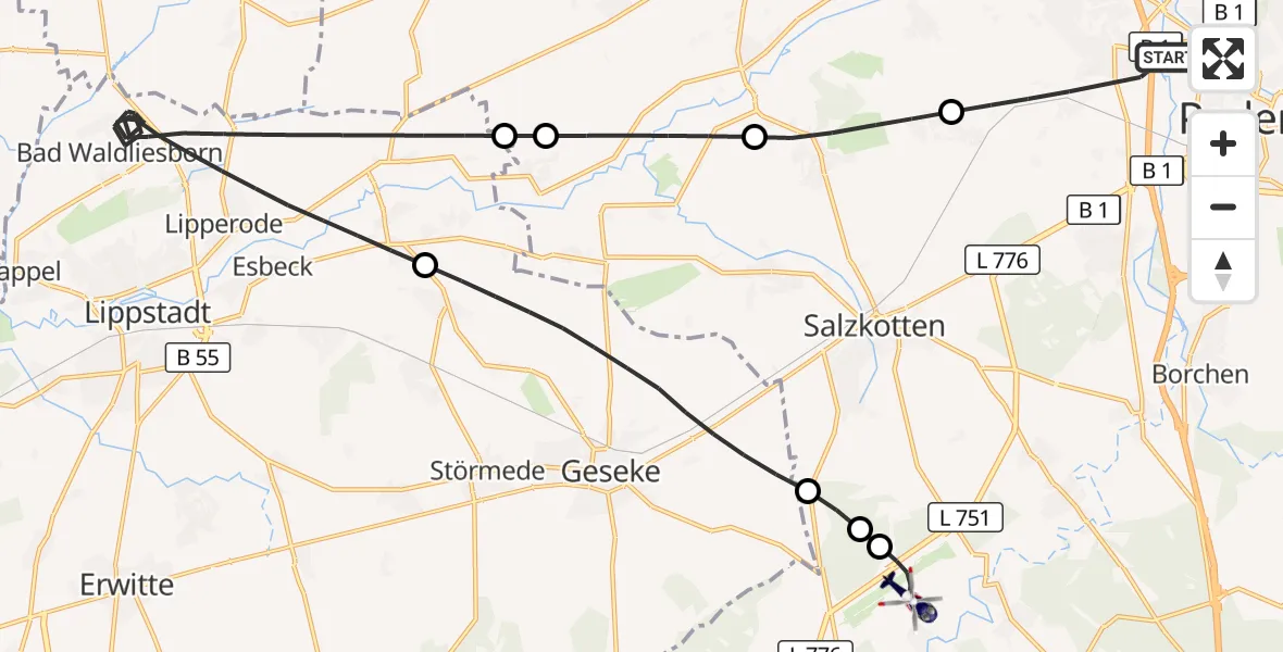 Flugroute Polizeihubschrauber Paderborn - Paderborn Lippstadt Flughafen, 31 Juli 2026, 08:25