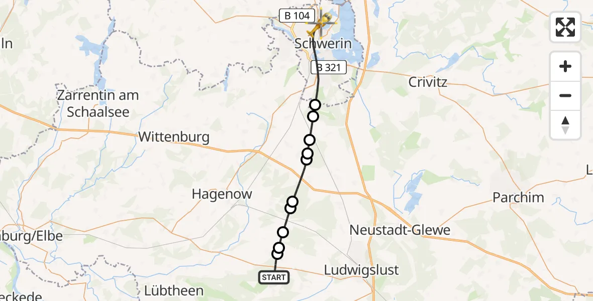 Flugroute Rettungshubschrauber Alt Krenzlin - Schwerin, 31 Juli 2026, 08:25