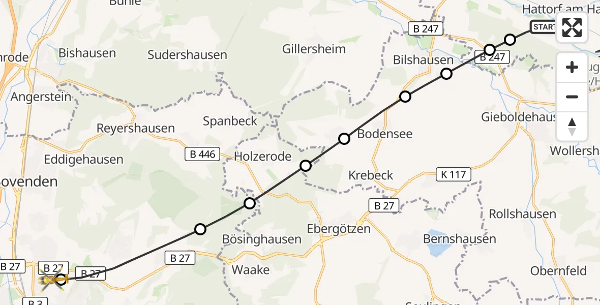 Flugroute Rettungshubschrauber Hattorf am Harz - Göttingen University Clinic Hubschrauberlandeplatz, 31 Juli 2026, 08:26