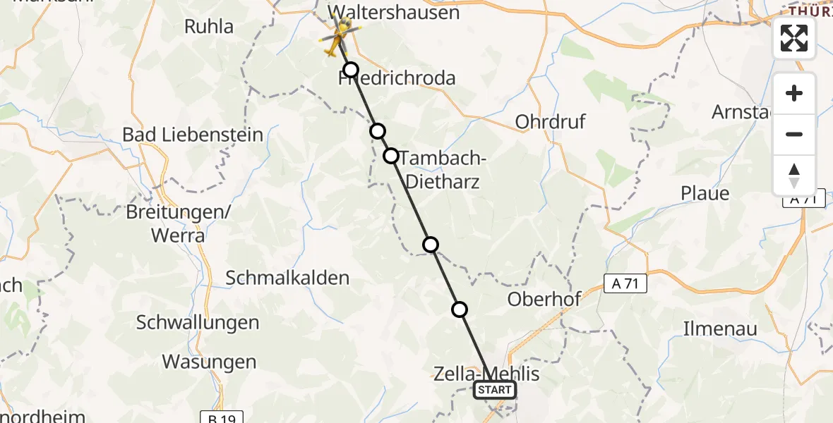 Flugroute Rettungshubschrauber Zella-Mehlis - Bad Tabarz, 31 Juli 2026, 08:27