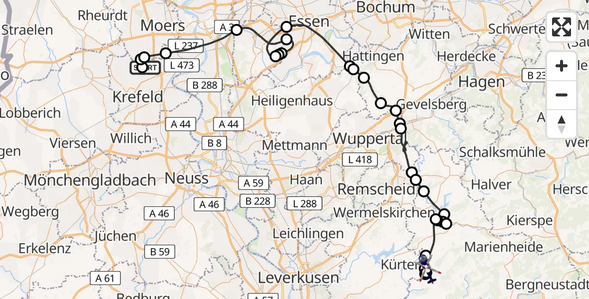 Flugroute Polizeihubschrauber Krefeld-Egelsberg Flugplatz - Lindlar, 31 Juli 2026, 08:30