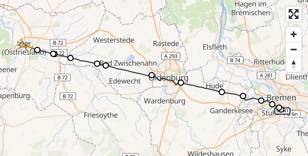 Flugroute Rettungshubschrauber ADAC Air Rescue Station Bremen Hubschrauberlandeplatz (Christoph 6) - Leer (Ostfriesland), 31 Juli 2026, 08:31