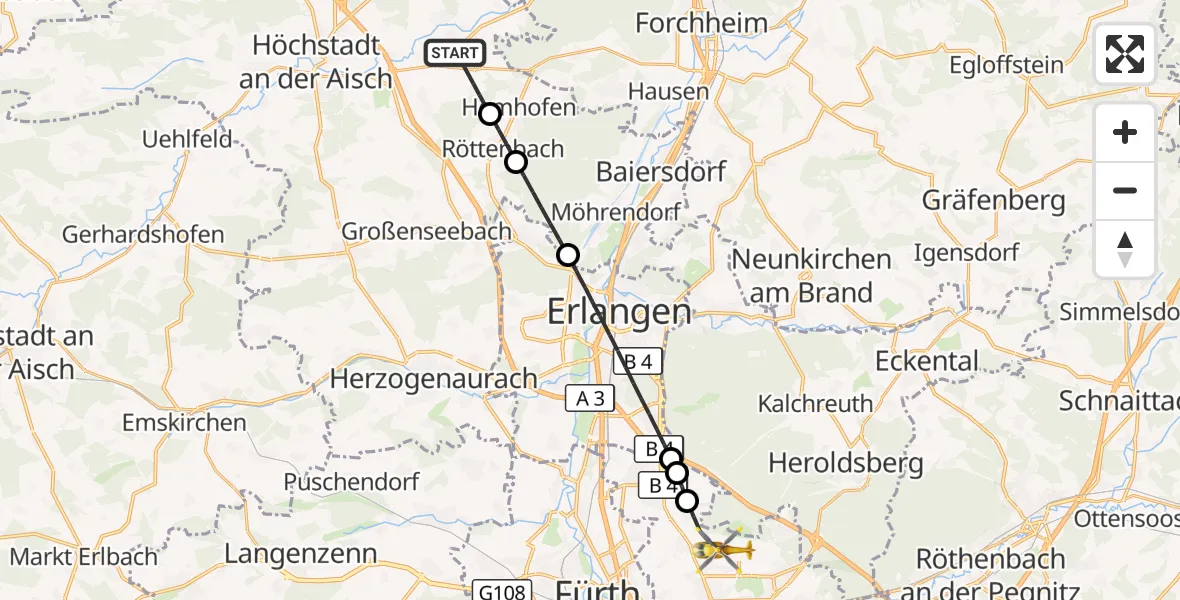 Flugroute Ambulanzhubschrauber Adelsdorf - Flughafen Nuremberg, 31 Juli 2026, 08:31