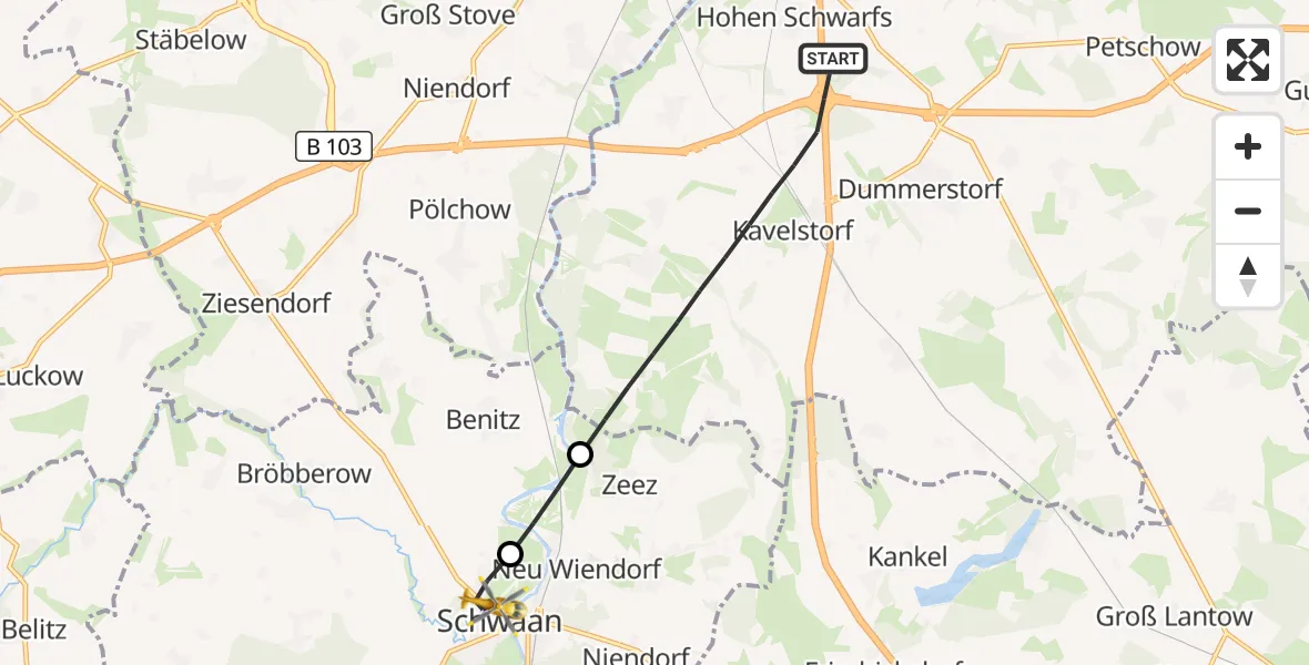 Flugroute Ambulanzhubschrauber Dummerstorf - Schwaan, 31 Juli 2026, 08:32