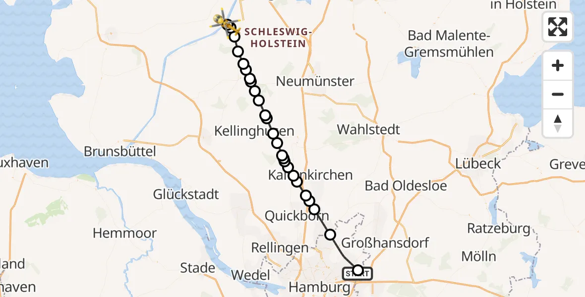 Flugroute Ambulanzhubschrauber Wilhelmstift Catholic Children's Hospital - Rendsburg-Schachtholm Flugplatz, 31 Juli 2026, 08:33