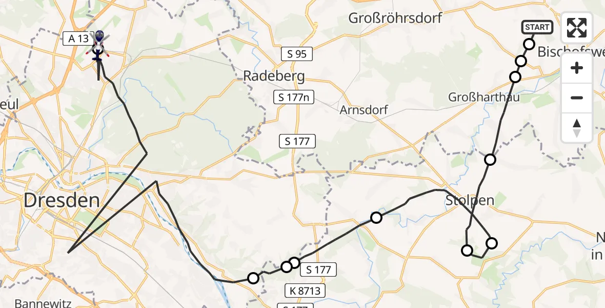 Flugroute Polizeihubschrauber Rammenau - Dresden Flughafen, 31 Juli 2026, 08:34