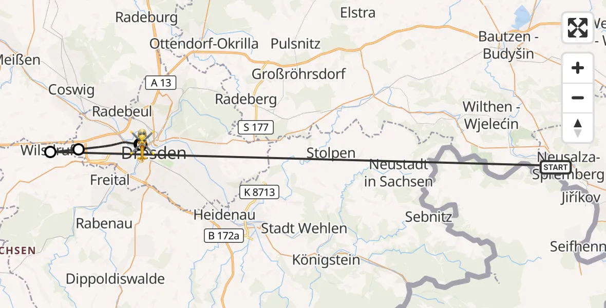 Flugroute Rettungshubschrauber Neusalza-Spremberg - Dresden Friedrichstadt Hospital, 31 Juli 2026, 08:40