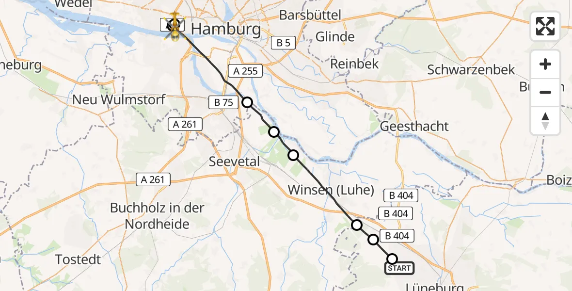 Flugroute Rettungshubschrauber Vögelsen - Asklepios Klinik Altona Hubschrauberlandeplatz, 31 Juli 2026, 08:45