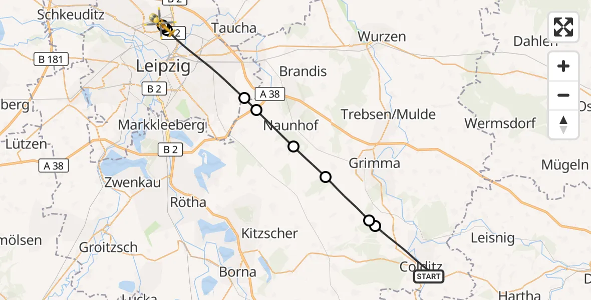 Flugroute Rettungshubschrauber Colditz - Sankt Georg Hospital Leipzig Reserve, 31 Juli 2026, 08:52