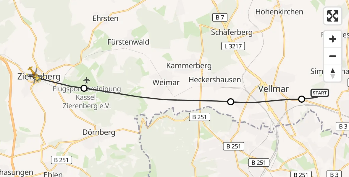 Flugroute Rettungshubschrauber Fuldatal Bundespolizei Hubschrauberlandeplatz - Zierenberg, 31 Juli 2026, 08:53