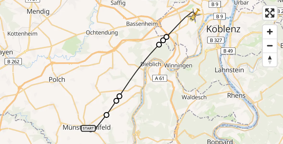 Flugroute Rettungshubschrauber Münstermaifeld - Koblenz, 31 Juli 2026, 08:56