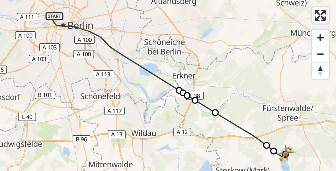 Flugroute Rettungshubschrauber Berlin - Bad Saarow Hospital, 31 Juli 2026, 09:01