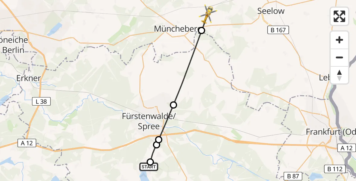 Flugroute Rettungshubschrauber Bad Saarow Hospital - Müncheberg, 31 Juli 2026, 09:01