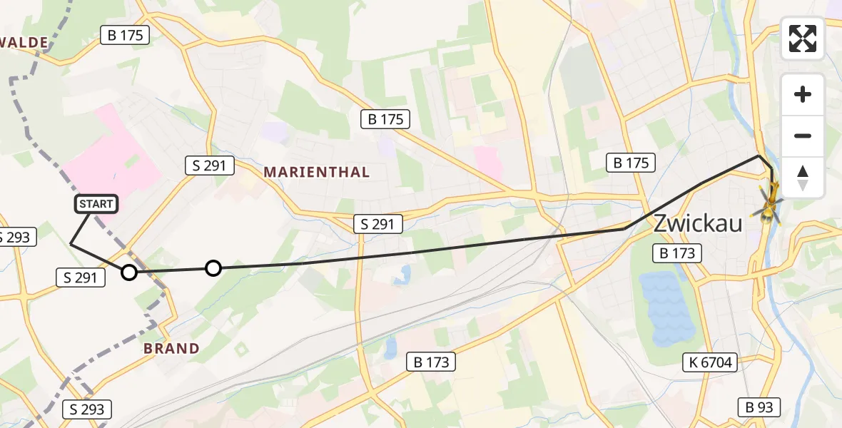 Flugroute Rettungshubschrauber ADAC Air Rescue Station Zwickau Hubschrauberlandeplatz - Zwickau, 31 Juli 2026, 09:05