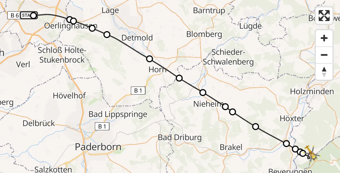 Flugroute Rettungshubschrauber Luftrettungszentrum Bielefeld - Derental, 31 Juli 2026, 09:04