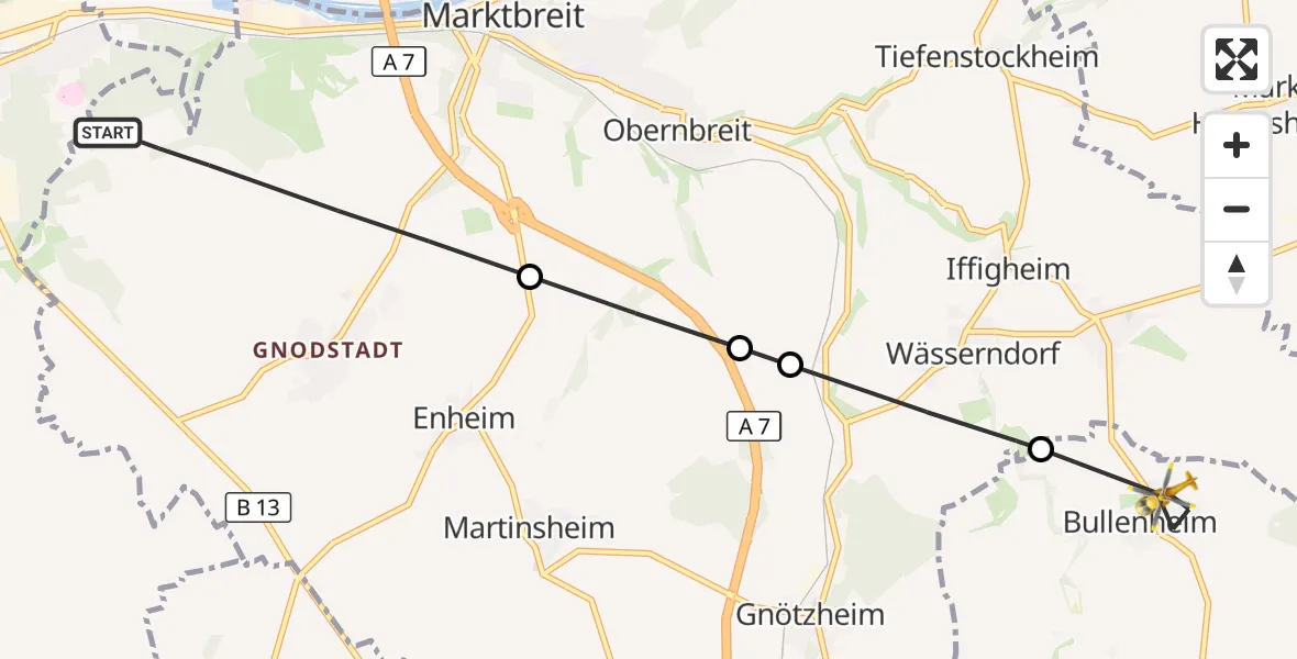 Flugroute Rettungshubschrauber Marktbreit - Ippesheim, 31 Juli 2026, 09:05