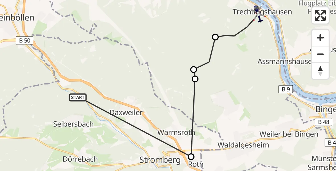 Flugroute Polizeihubschrauber Seibersbach - Trechtingshausen, 31 Juli 2026, 09:15