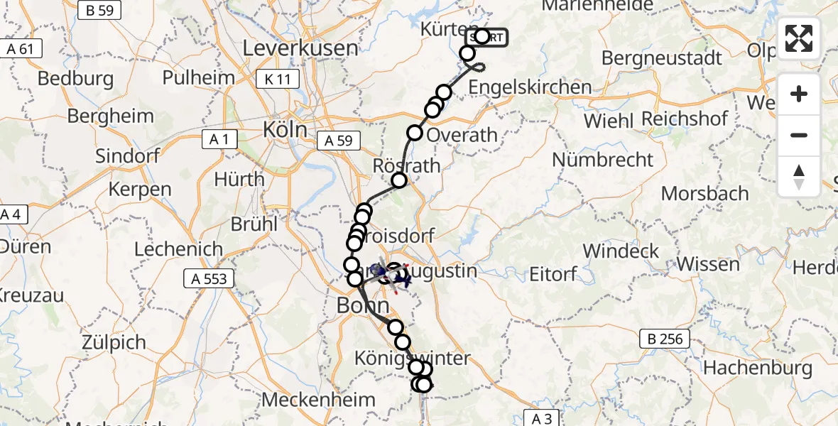 Flugroute Polizeihubschrauber Lindlar - Sankt Augustin, 31 Juli 2026, 09:19