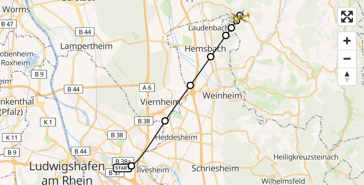Flugroute Rettungshubschrauber Mannheim-City Flughafen - Mörlenbach, 31 Juli 2026, 09:21