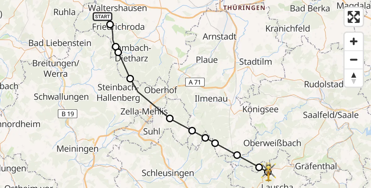Flugroute Rettungshubschrauber Bad Tabarz - Regiomed Hospital Neuhaus am Rennweg, 31 Juli 2026, 09:22