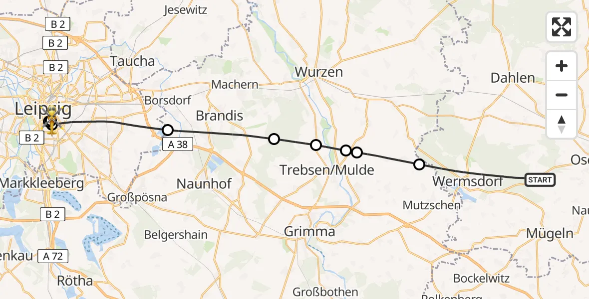 Flugroute Rettungshubschrauber Wermsdorf - Leipzig University Hospital Heliport 1, 31 Juli 2026, 09:26