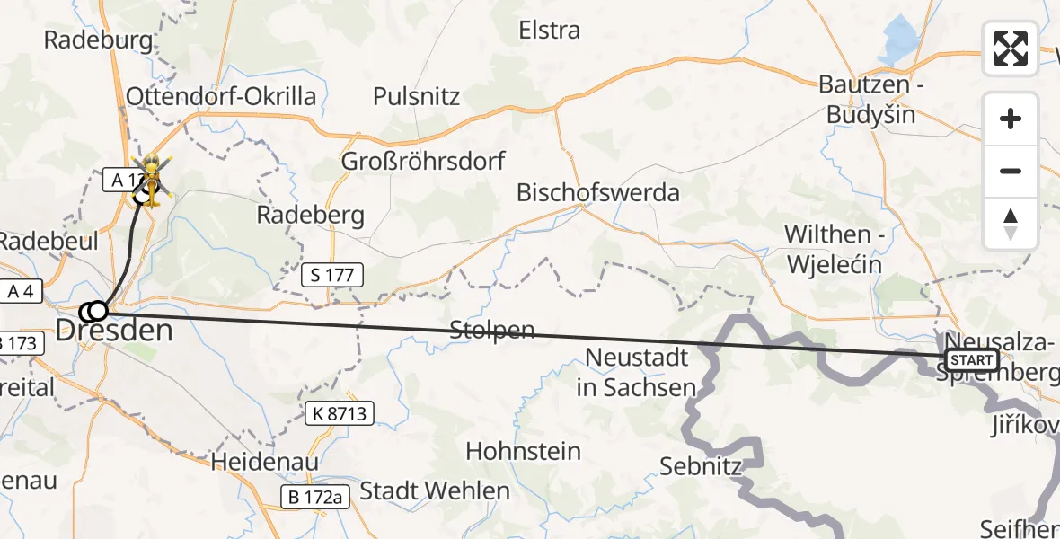 Flugroute Rettungshubschrauber Neusalza-Spremberg - Dresden Bundespolizei Hubschrauberlandeplatz, 31 Juli 2026, 09:26