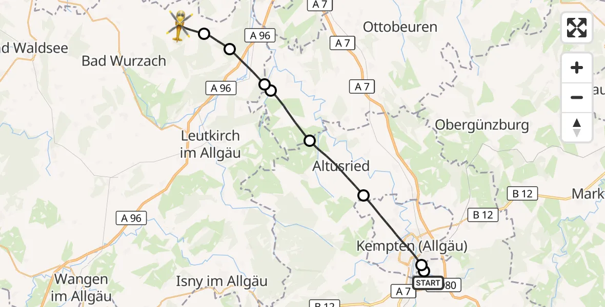 Flugroute Rettungshubschrauber Kempten-Durach Flugplatz - Bad Wurzach, 31 Juli 2026, 09:28