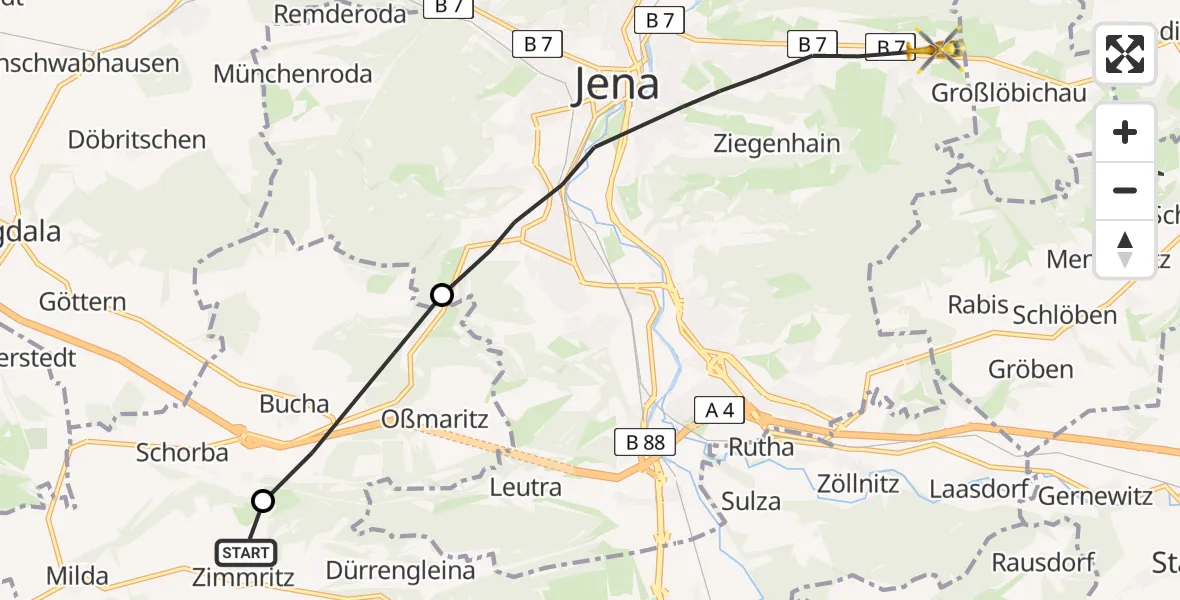 Flugroute Rettungshubschrauber Milda - Jena, 31 Juli 2026, 09:28