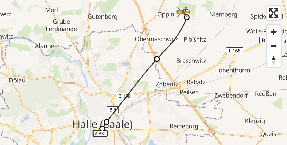 Flugroute Rettungshubschrauber Sankt Elisabeth and Sankt Barbara Hospital Halle (Saale) - Halle-Oppin Flugplatz, 31 Juli 2026, 09:29