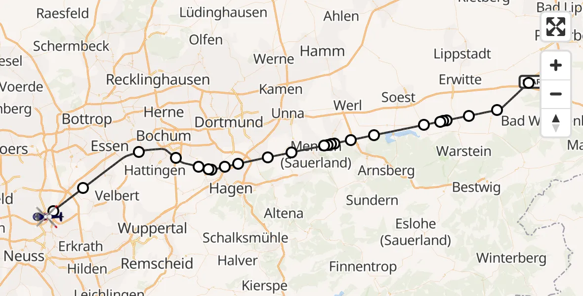 Flugroute Polizeihubschrauber Paderborn Lippstadt Flughafen - Düsseldorf Flughafen, 31 Juli 2026, 09:36